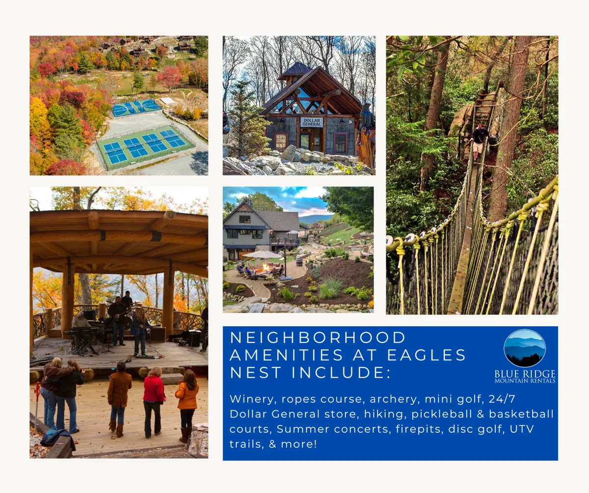 An exterior community space bustling with activity, this image displays scenic views of the resort's amenities, open gathering spaces, and natural surroundings. People are depicted enjoying live music, outdoor games, and socializing—capturing the energetic, communal spirit of Eagles Nest's resort perks.
